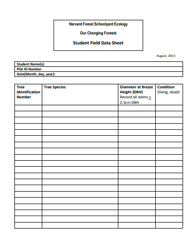 student field data sheet template