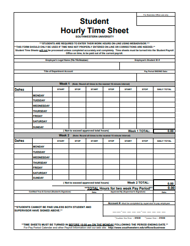 student hourly time sheet template