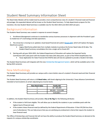 student need summary information sheet template