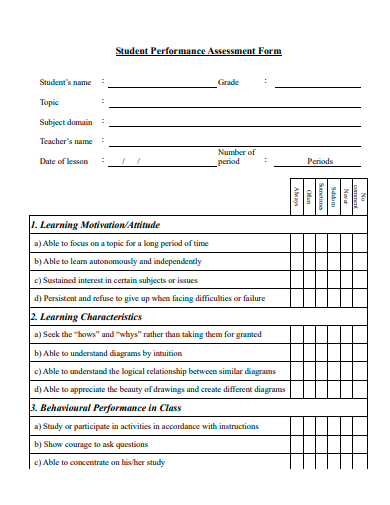 student performance assessment form template