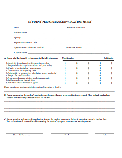 student performance evaluation sheet template