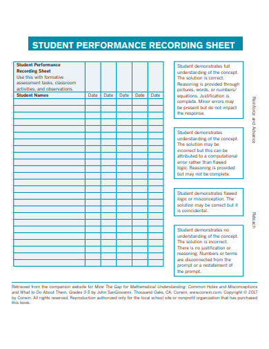 student performance recording sheet template