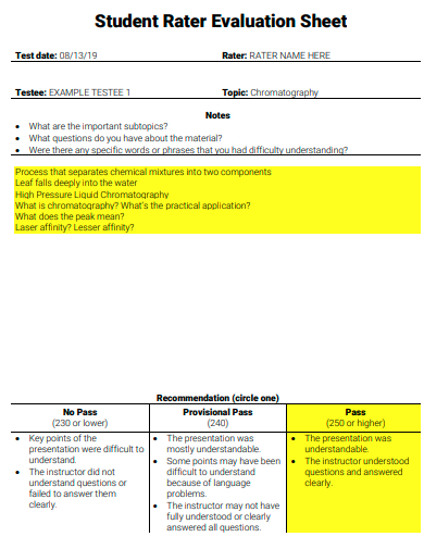 student rater evaluation sheet template