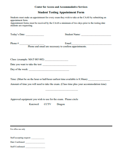 student testing appointment form template