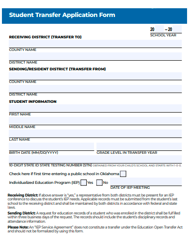 student transfer application form template