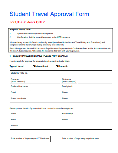 student travel approval form template