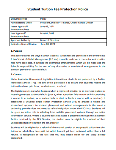 student tuition fee protection policy template