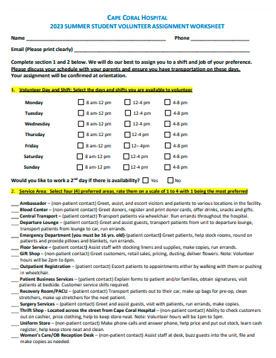 student volunteer assignment worksheet template