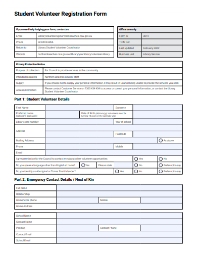 student volunteer registration form template