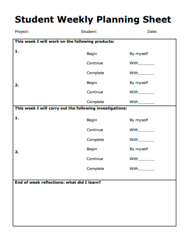 student weekly planning sheet template
