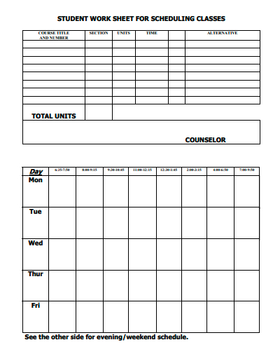 student work sheet for scheduling classes template
