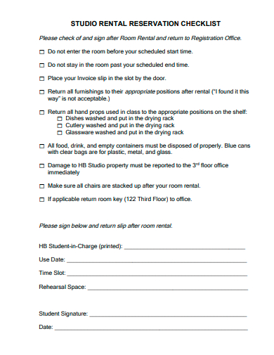 studio rental reservation checklist template