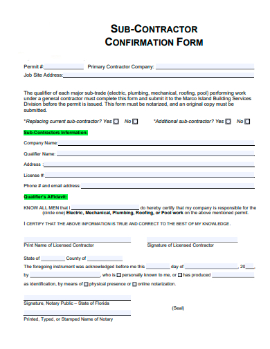 sub contractor confirmation form template