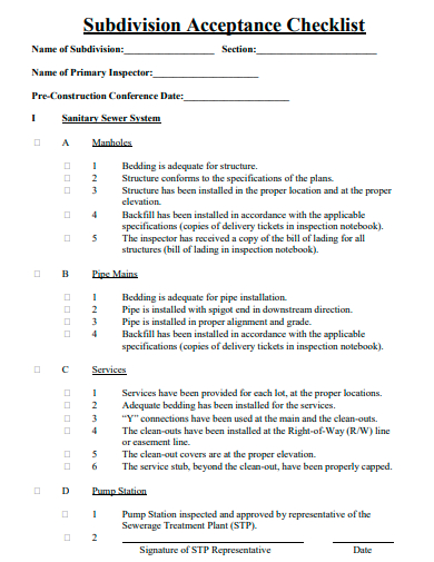 subdivision acceptance checklist template