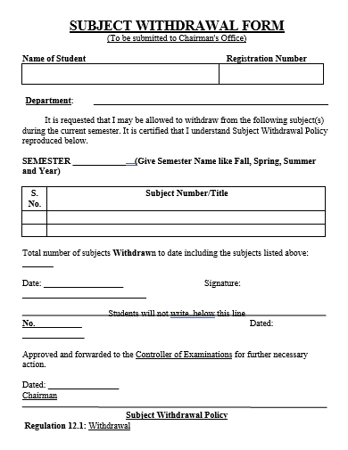 subject withdrawal form template