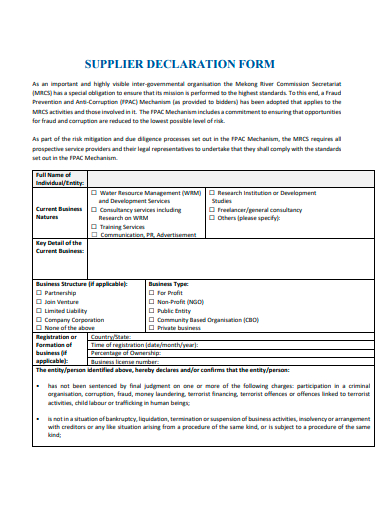 supplier declaration form template