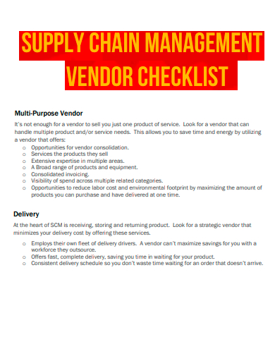 supply chain management vendor checklist template