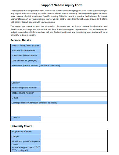 support needs enquiry form template