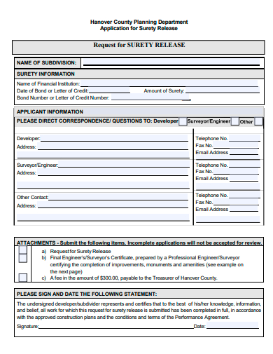 surety release application template