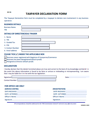 tax payer declaration form template