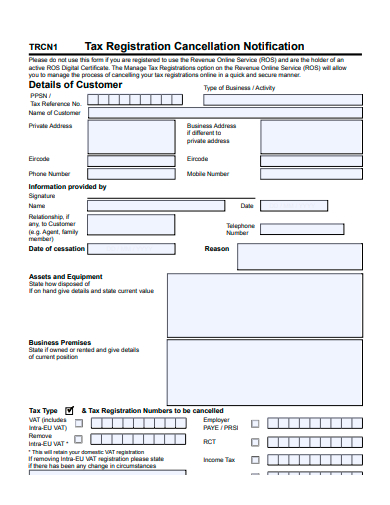 tax registration cancellation notification form template