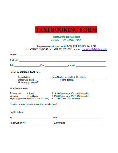 taxi booking form template