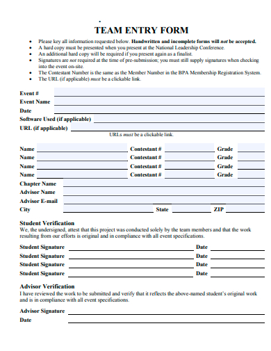 team entry form template