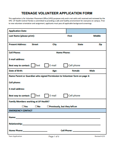 teenage volunteer application form template