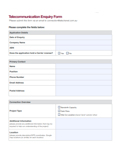 telecommunication enquiry form template