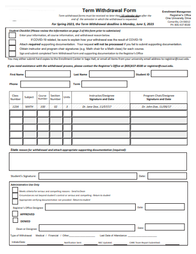 term withdrawal form template