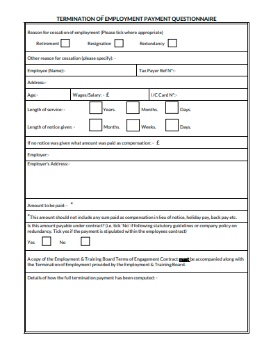 termination of employment payment questionnaire template