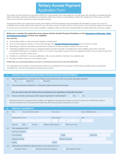 tertiary access payment application form template
