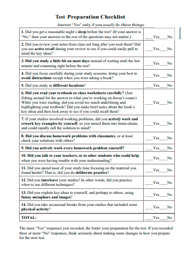 test preparation checklist template