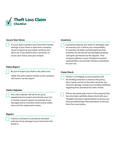 theft loss claim checklist template