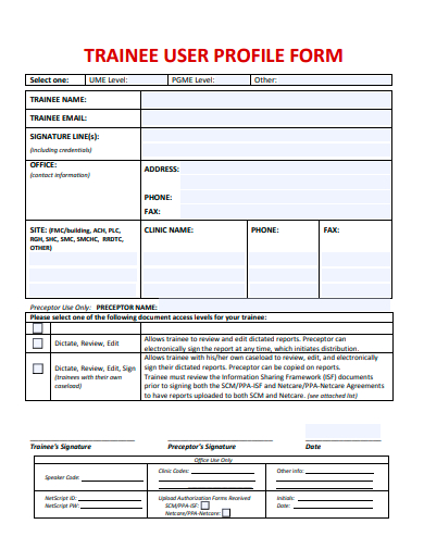 trainee user profile form template