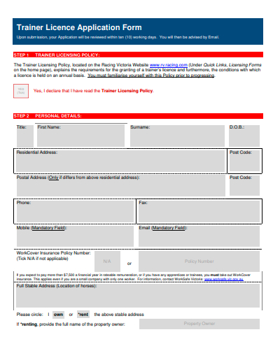 trainer licence application form template