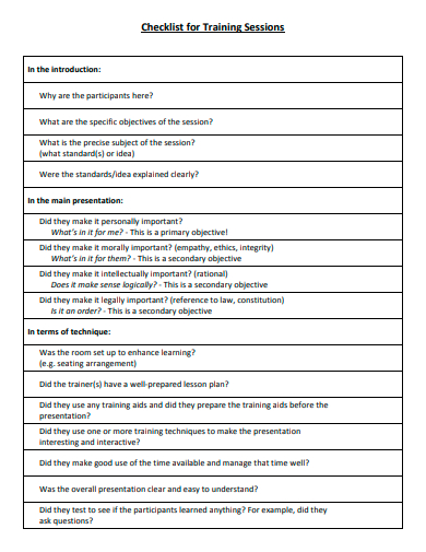 training session checklist template