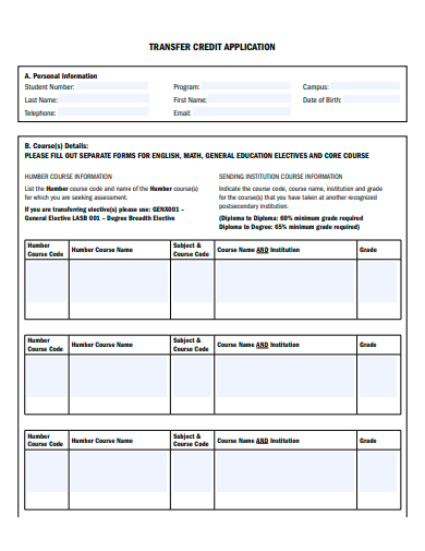 transfer credit application template