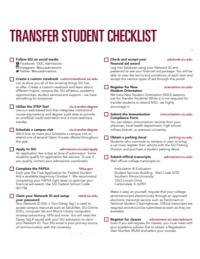transfer student checklist template