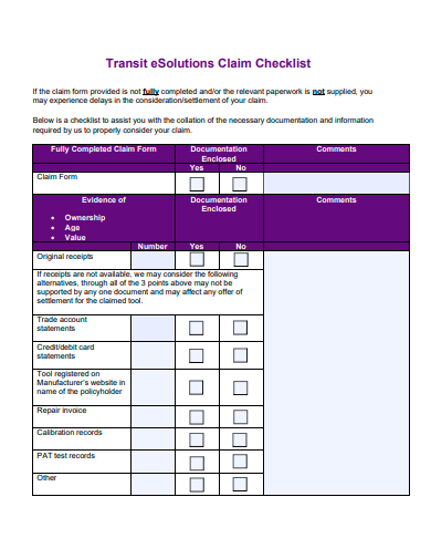transit esolutions claim checklist template