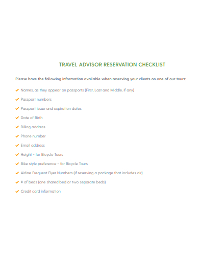 travel advisor reservation checklist template