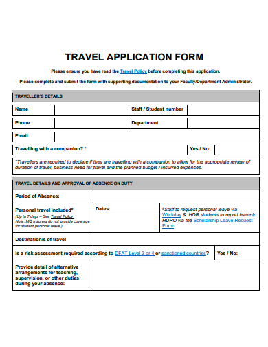 travel application form template