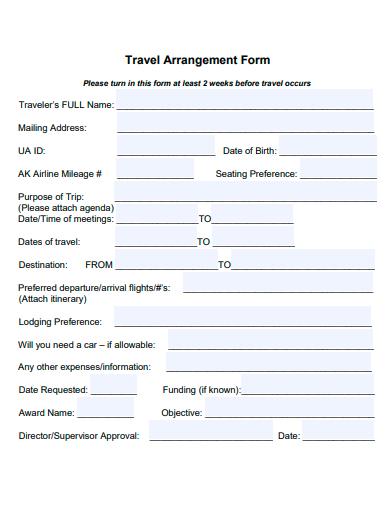 travel arrangement form template