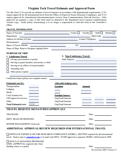 travel estimate and approval form template
