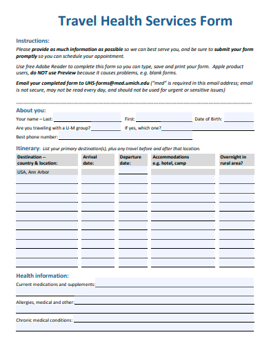travel health services form template