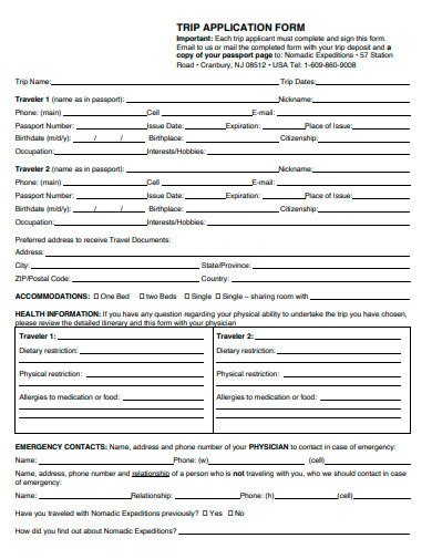trip application form template