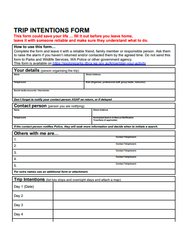 trip intentions form template