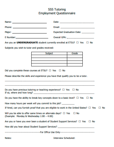 tutoring employment questionnaire template