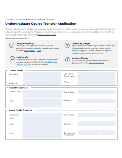 undergraduate course transfer application template
