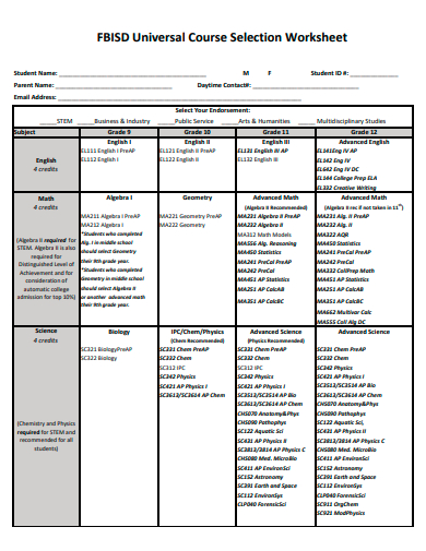 universal course selection worksheet template